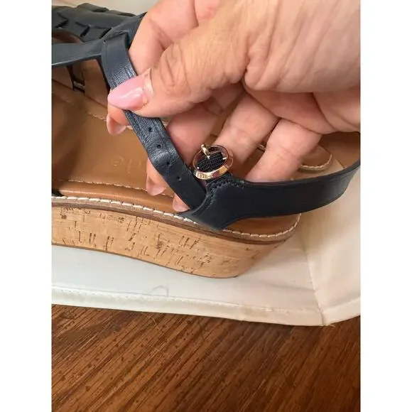 Kate Spade Retro Mabel Navy Leather Platform Wedge Peep Toe Sandals 8.5 - Picture 5 of 11